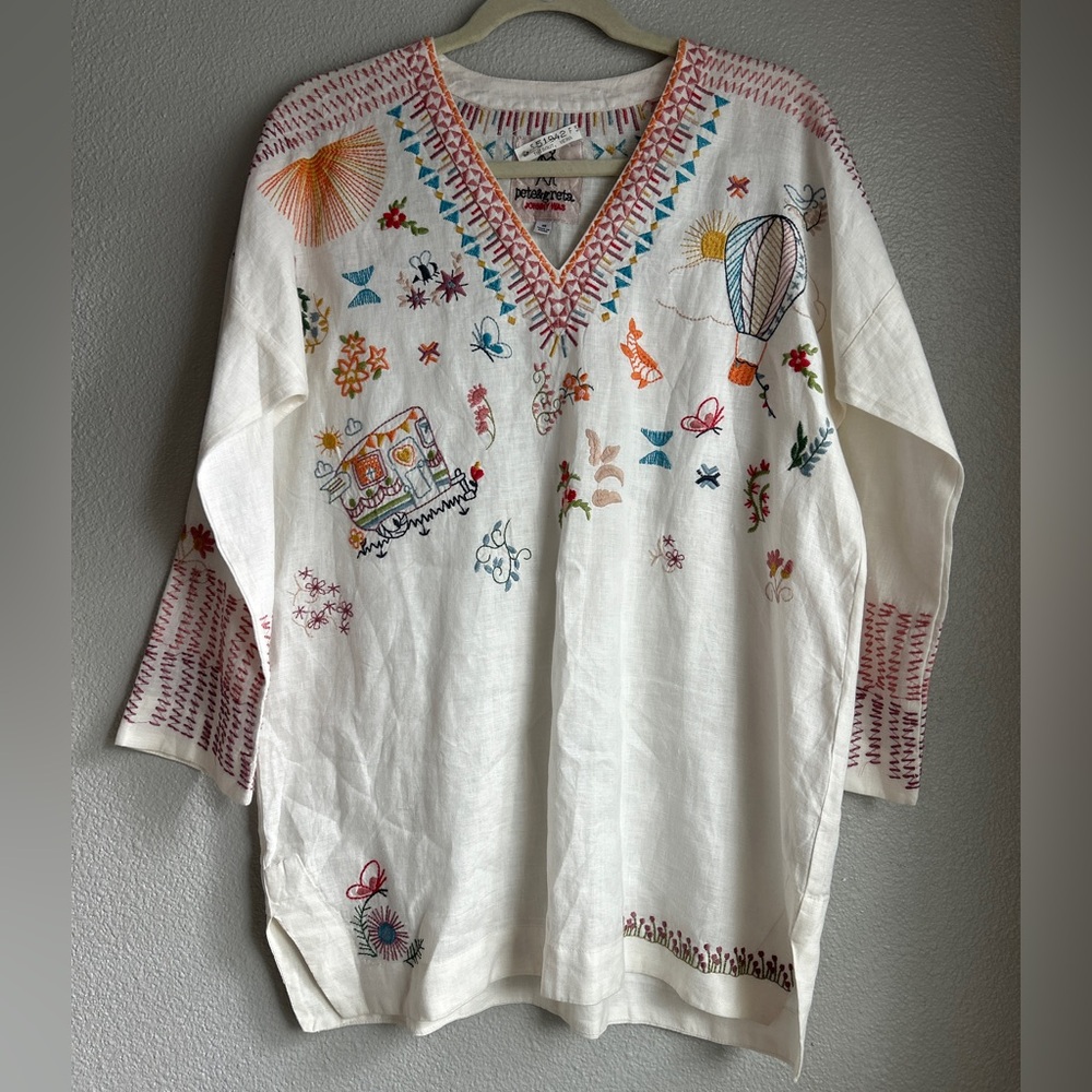 Johnny Was Pete & Greta Linen Embroidered Whimsical Bohemian XS Tunic!